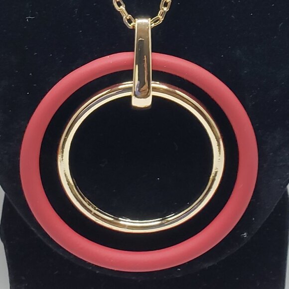 Women's Stunning Polished Gold Tone Necklace w/ Double Hoops Pendant, 38+4-inch - Picture 6 of 10